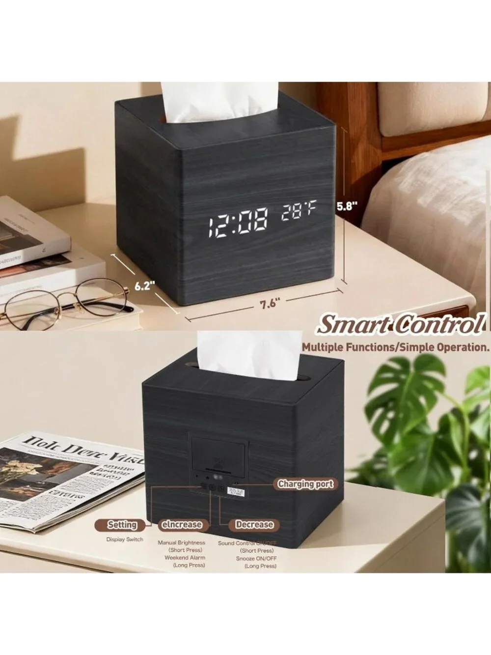 Home Black Digital Cordless Alarm Temperature Display Wooden Tissue Box Clock